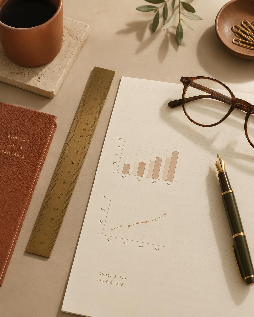 An analyst's desk — ruler, fountain pen, and hand-drawn charts on ruled paper